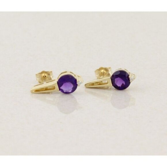 14k Yellow Gold Natural Amethyst & Diamond Earrings Stud Post - Picture 1 of 8